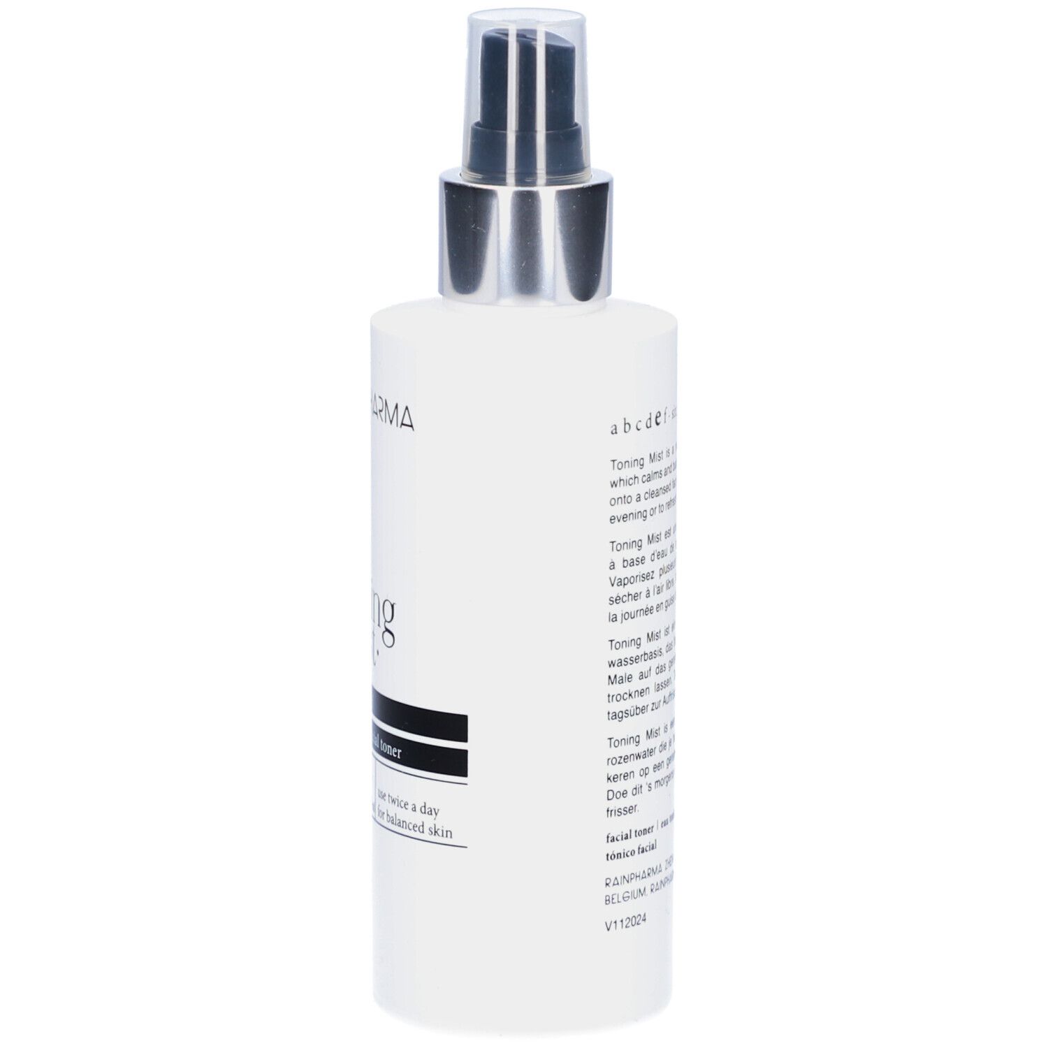 Rainpharma Toning Mist Flasche, Rückseite. Text in mehreren Sprachen. Silberner Sprühkopf. Weiße Flasche.