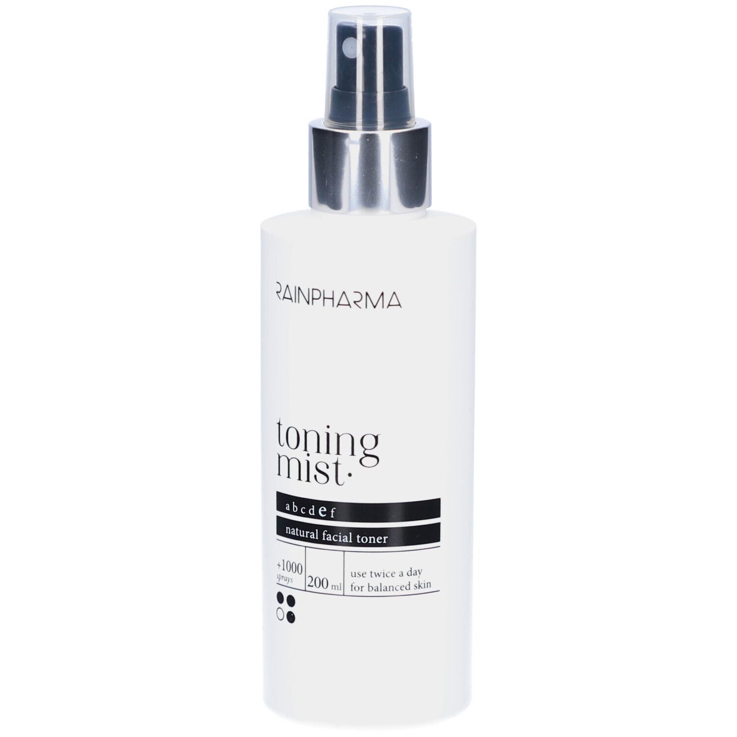 Weißes Rainpharma Toning Mist mit Sprühkopf. Schwarze Schrift: Toning Mist, natural facial toner. Silberner Sprühkopf.
