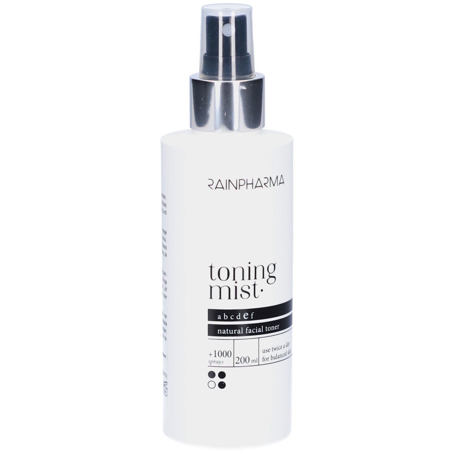Weißes Rainpharma Toning Mist mit Sprühkopf. Schwarze Schrift: Toning Mist, natural facial toner. Silberner Sprühkopf.
