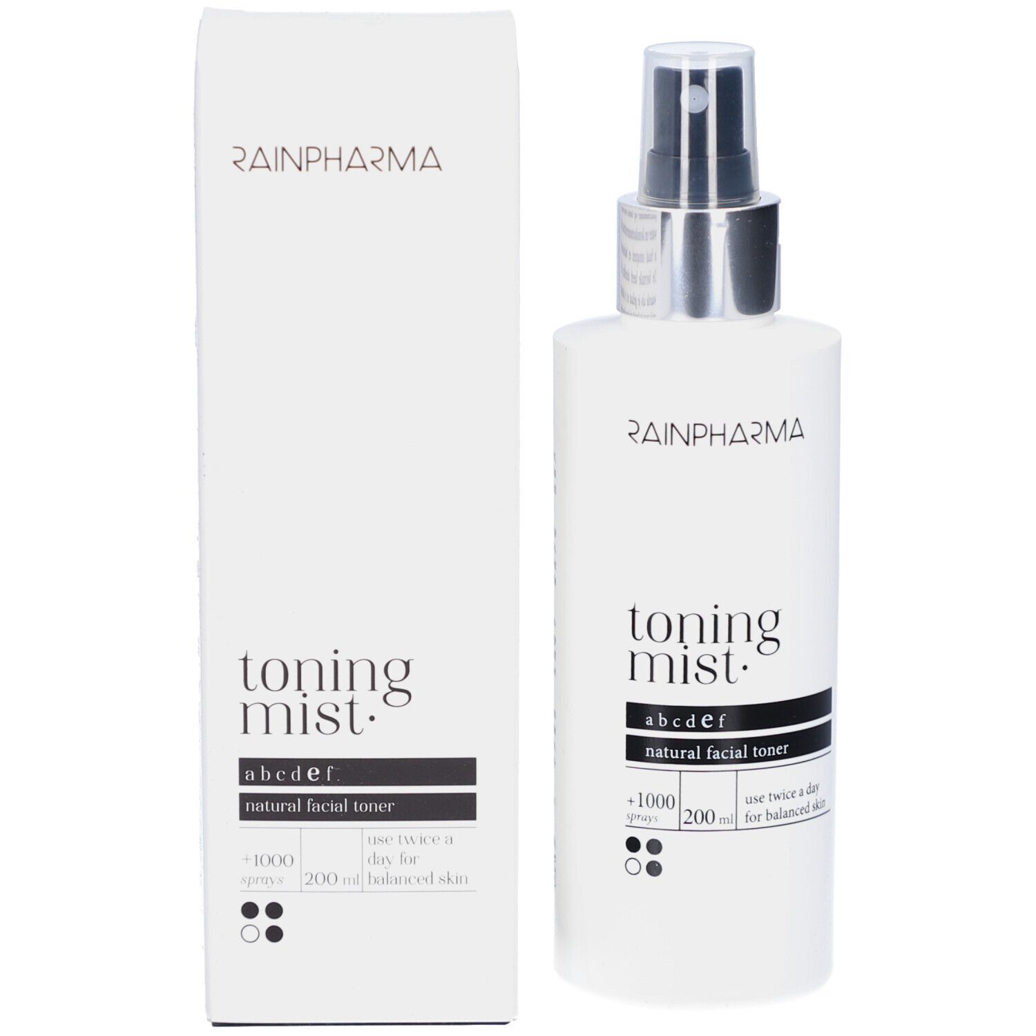 Rainpharma Toning Mist Flasche und Verpackung. Weiße Verpackung mit schwarzer Schrift. Silberner Sprühkopf.