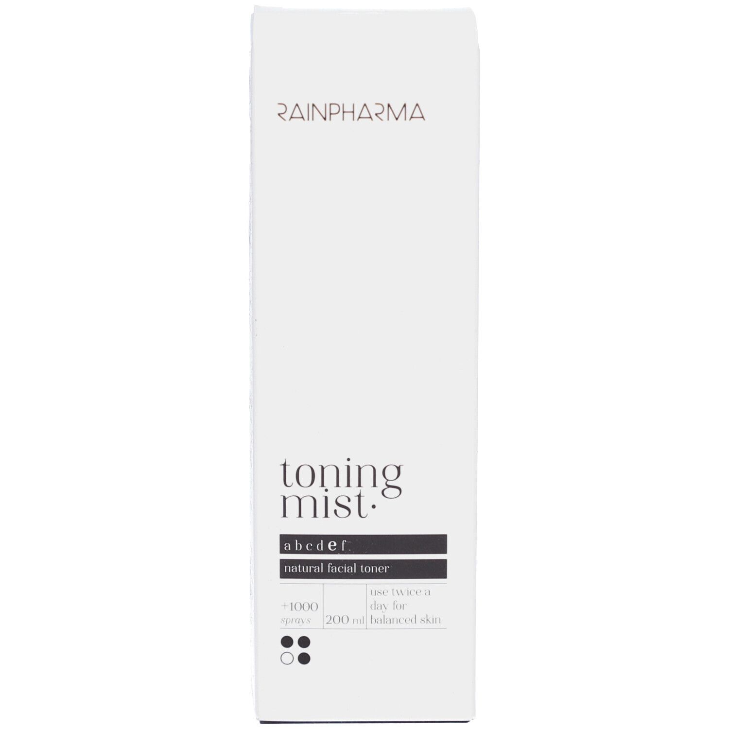 Rainpharma Toning Mist Verpackung. Weiße Verpackung mit schwarzer Schrift. Vertikale Ansicht.