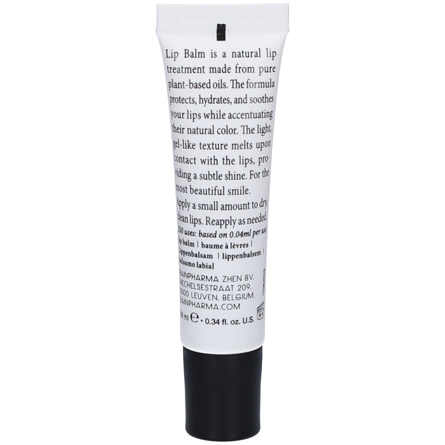 Rückseite der weißen Tube. Text: Lip Balm ist eine natürliche Lippenpflege aus pflanzlichen Ölen. 10 ml. Herstellerangaben.