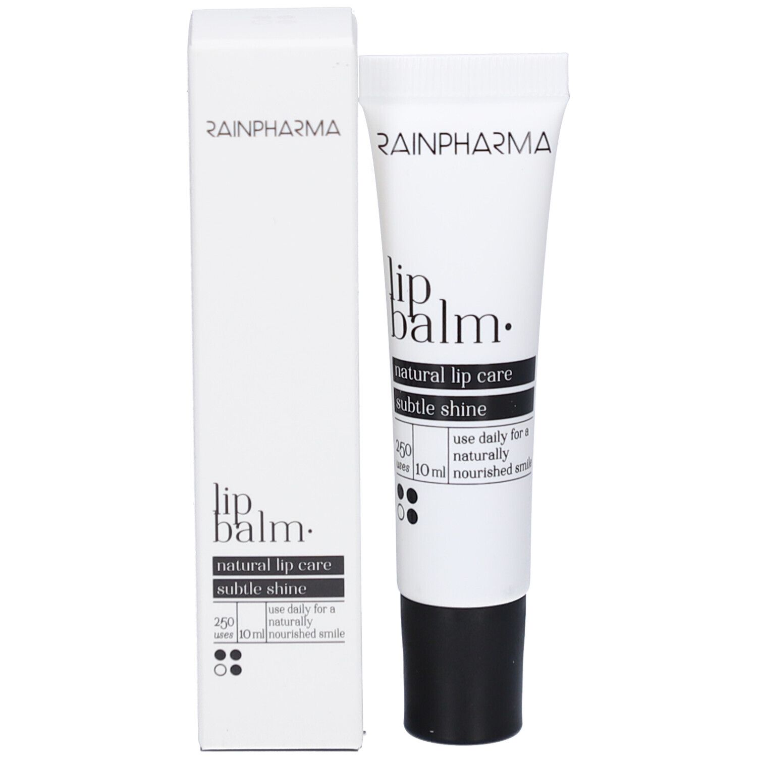 Weiße Verpackung mit Tube. Aufschrift: RAINPHARMA, Lip balm, natural lip care, subtle shine. Volumen: 10 ml.