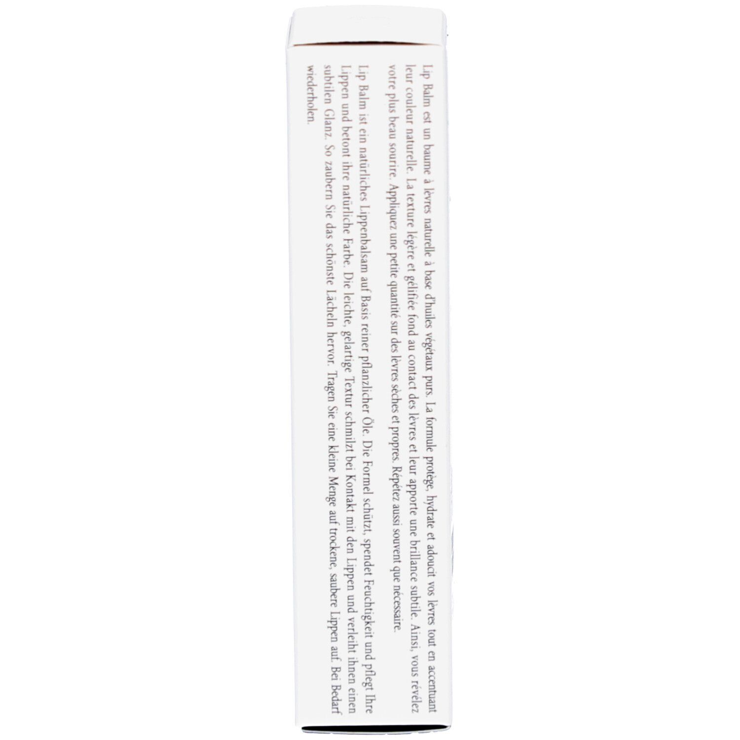 Rückseite der weißen Verpackung. Text: Lip Balm ist ein natürlicher Lippenbalsam auf Basis pflanzlicher Öle. Herstellerangaben.