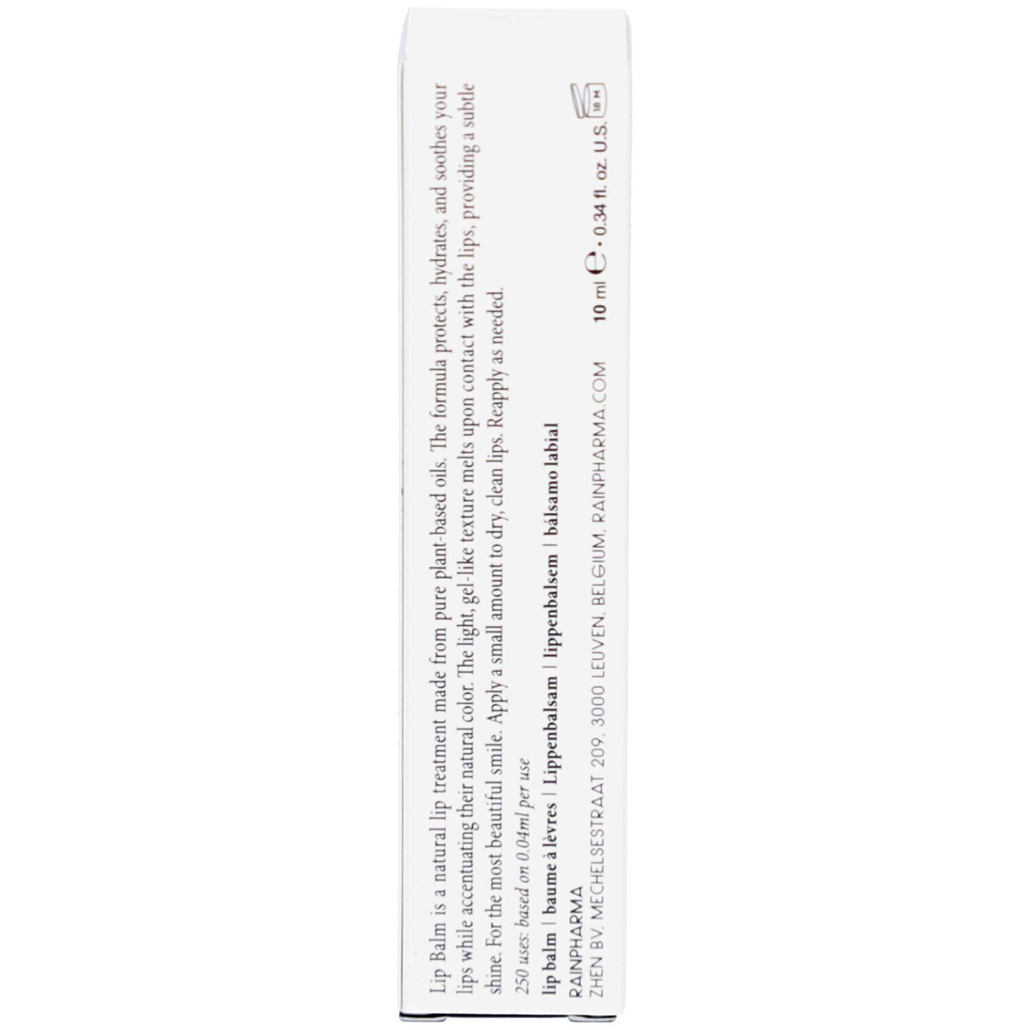 Rückseite der weißen Verpackung. Text: Lip Balm ist eine natürliche Lippenpflege aus pflanzlichen Ölen. 10 ml. Herstellerangaben.
