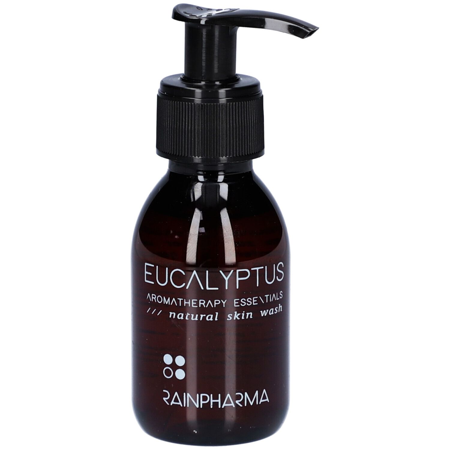 Braune Flasche mit schwarzem Pumpverschluss. Aufschrift: Eucalyptus Aromatherapy Essentials natural skin wash. Marke: Rainpharma.