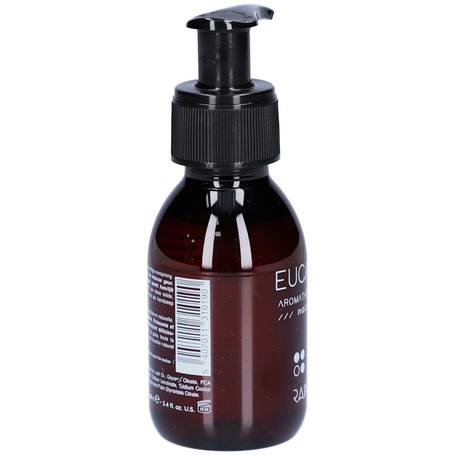 Braune Flasche mit schwarzem Pumpverschluss. Aufschrift: Eucalyptus Aromatherapy Essentials natural skin wash. Barcode.