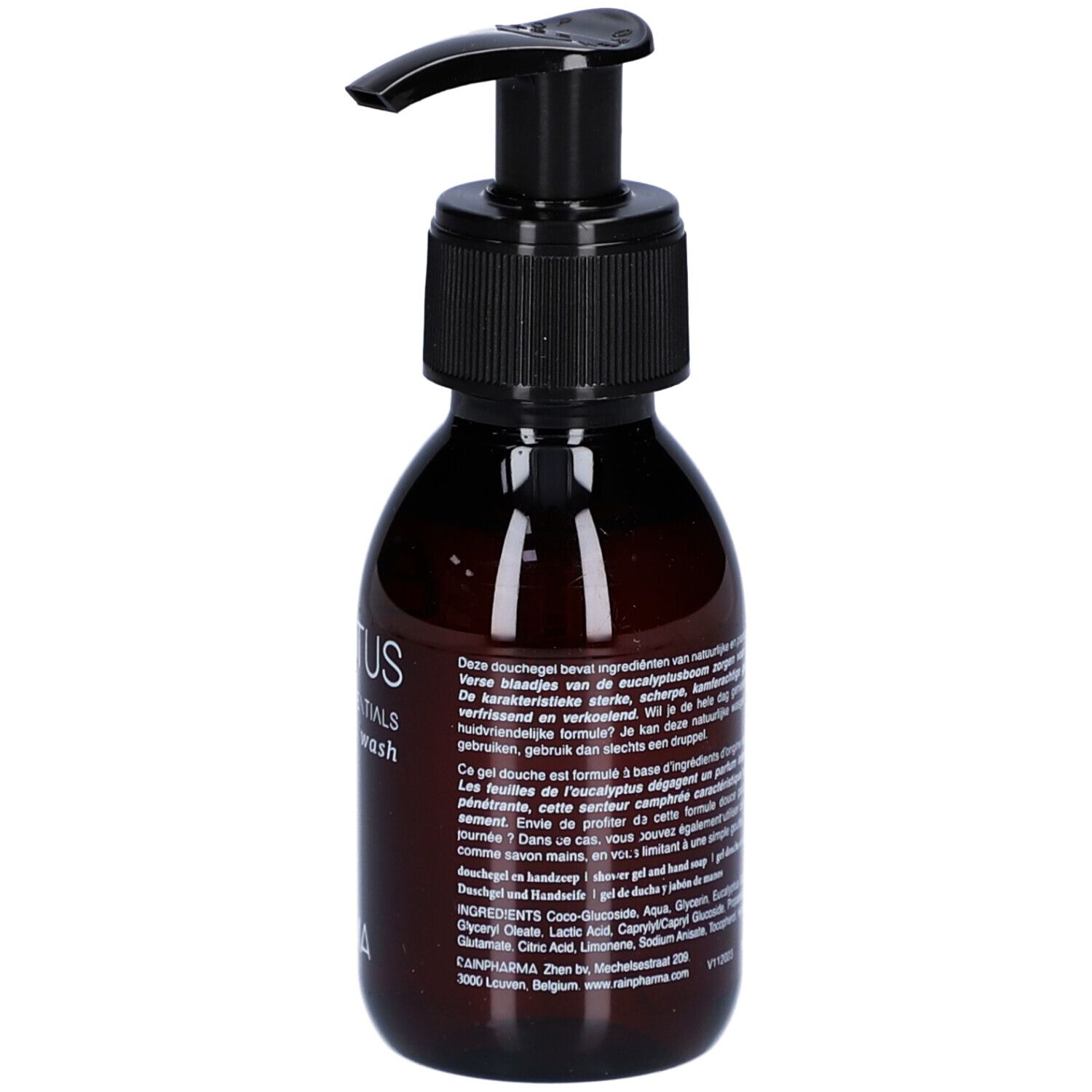 Braune Flasche mit schwarzem Pumpverschluss. Aufschrift: Eucalyptus Essentials Skin Wash. Text auf der Rückseite.