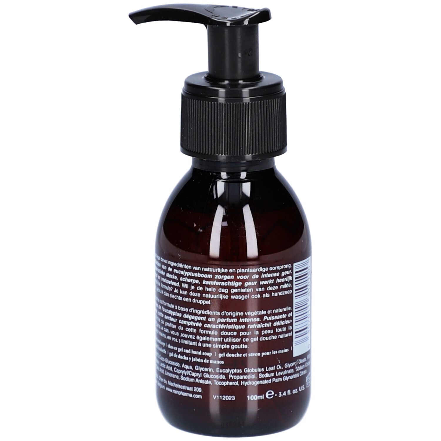 Braune Flasche mit schwarzem Pumpverschluss. Aufschrift: Eucalyptus Essentials Skin Wash. Text auf der Rückseite.