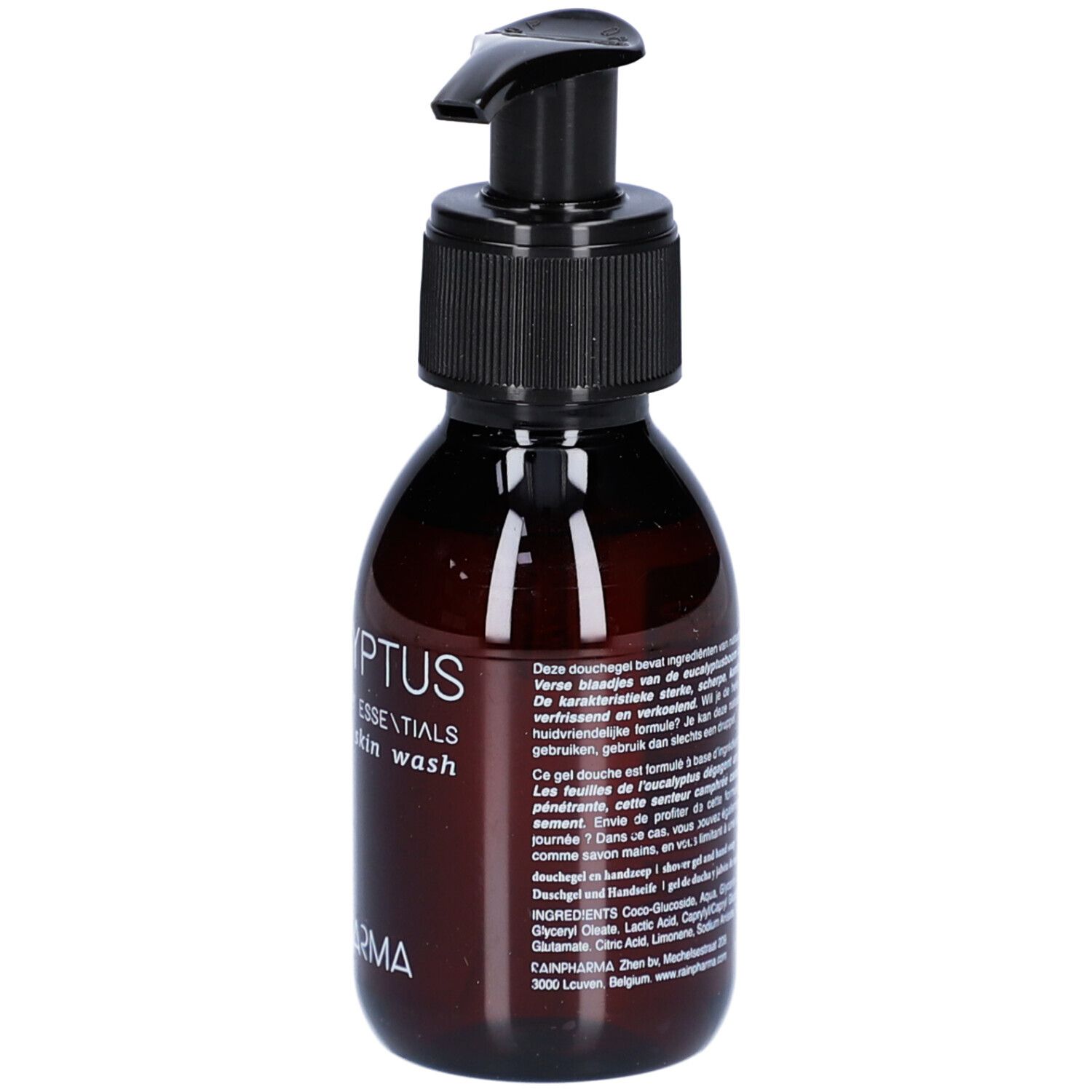 Braune Flasche mit schwarzem Pumpverschluss. Aufschrift: Eucalyptus Essentials Skin Wash. Marke: Rainpharma.