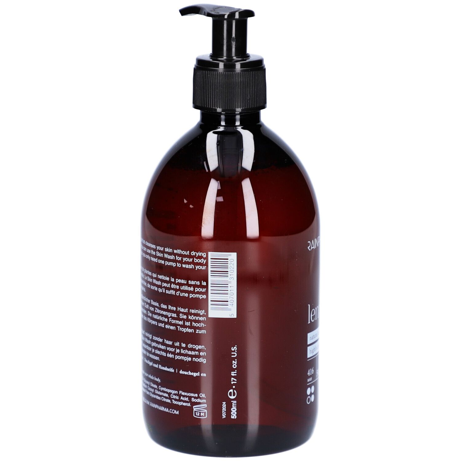Braune Flasche mit schwarzem Pumpverschluss. Text in mehreren Sprachen. Aufschrift: Lemongrass, 17 fl. oz. U.S.