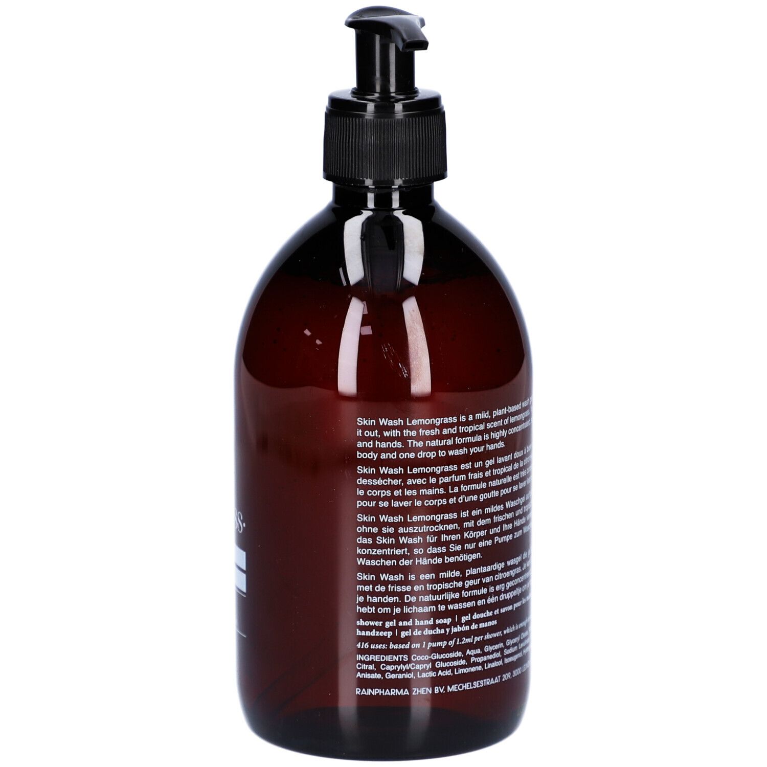 Braune Flasche mit schwarzem Pumpverschluss. Text in mehreren Sprachen. Aufschrift: Skin Wash Lemongrass.