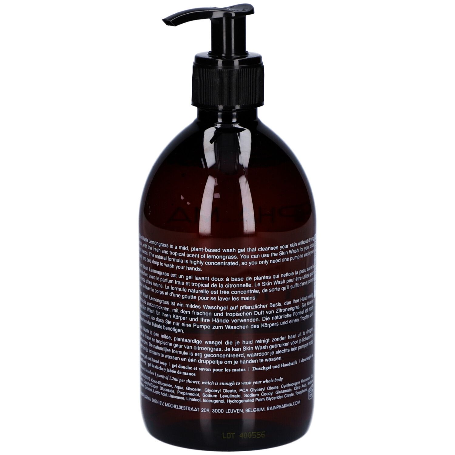 Braune Flasche mit schwarzem Pumpverschluss. Text in mehreren Sprachen. Aufschrift: Skin Wash Lemongrass.