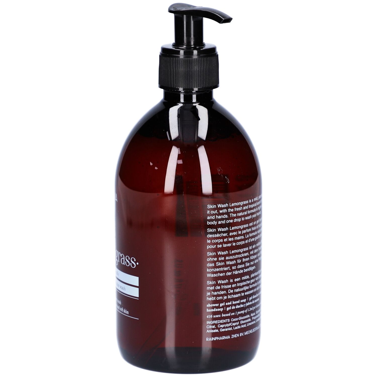 Braune Flasche mit schwarzem Pumpverschluss. Aufschrift: Skin Wash Lemongrass. Text in mehreren Sprachen.