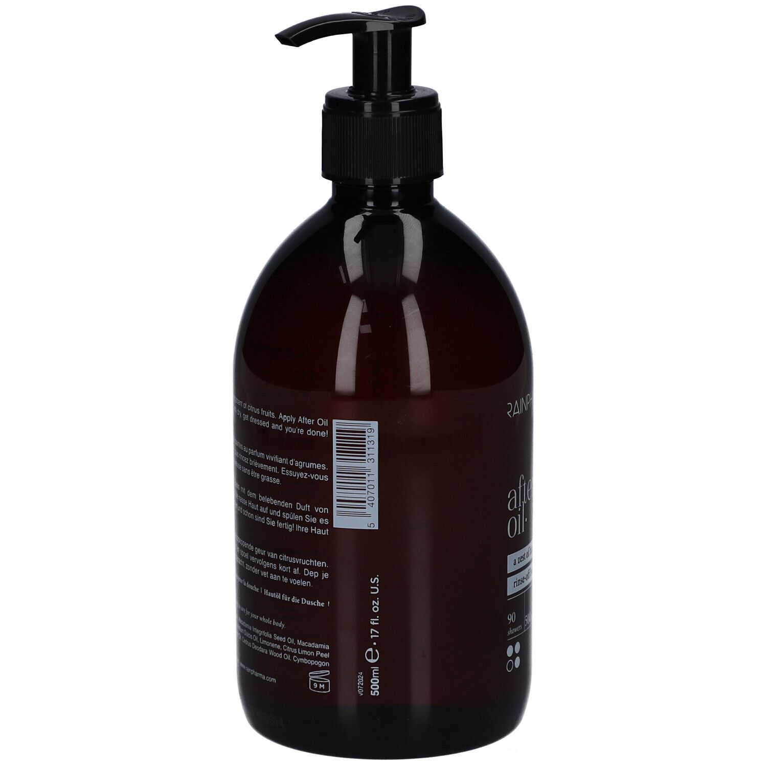 Rückseite der braunen Flasche mit schwarzem Pumpverschluss. Barcode und Text. 500 ml.