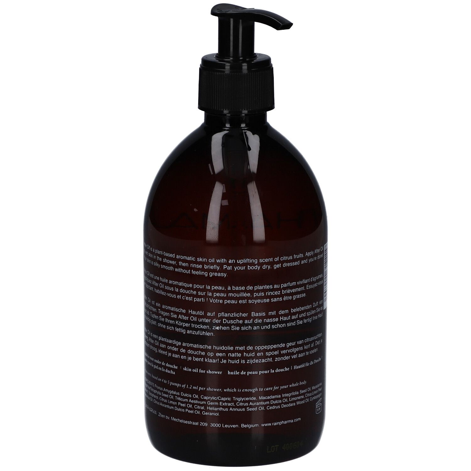 Rückseite der braunen Flasche mit schwarzem Pumpverschluss. Text in mehreren Sprachen. 500 ml.