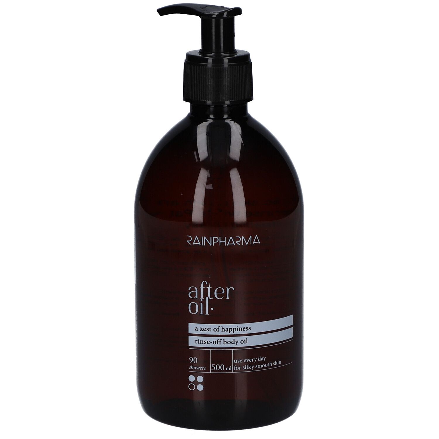Braune Flasche mit schwarzem Pumpverschluss. Aufschrift: RainPharma, after oil, rinse-off body oil. 500 ml.