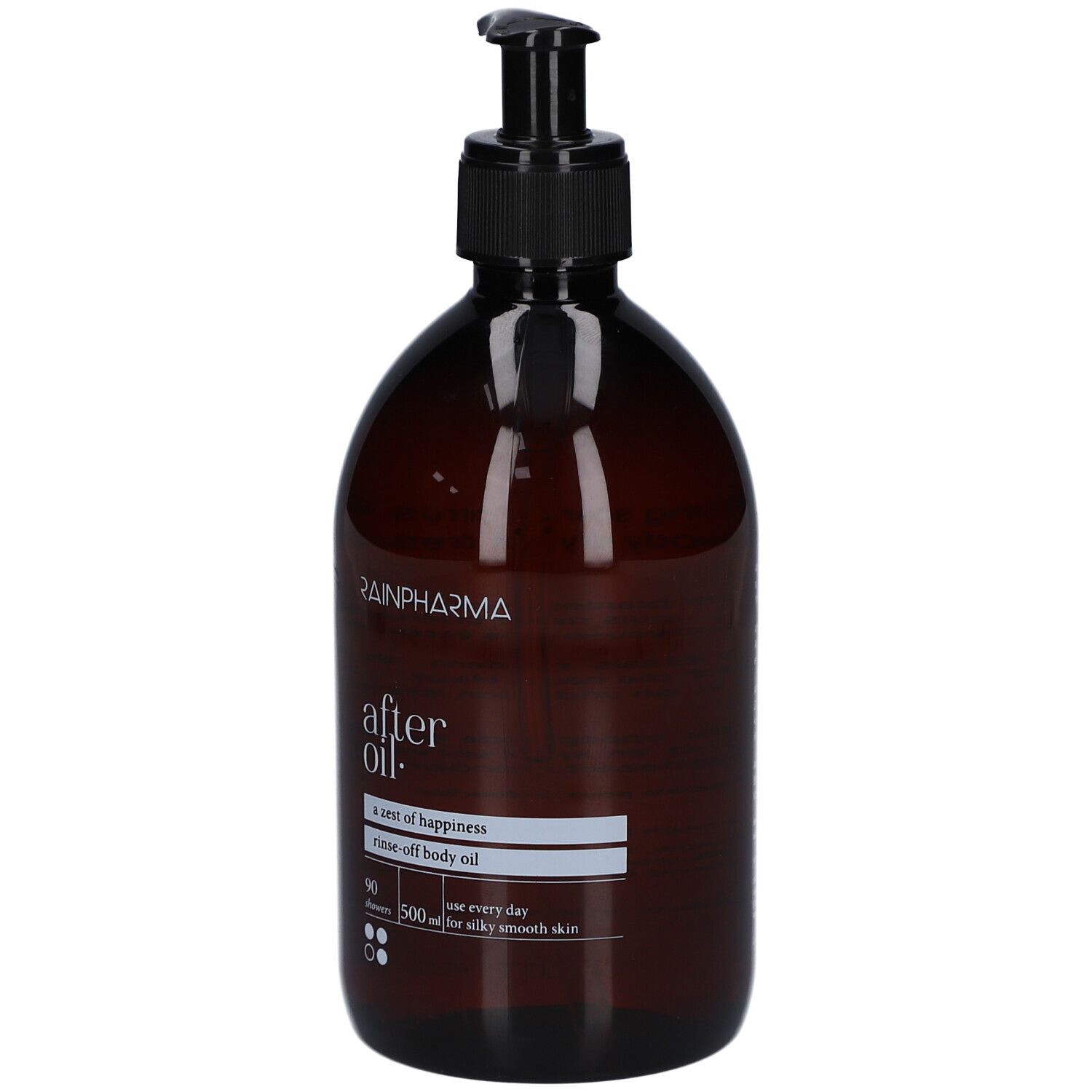 Rückseite der braunen Flasche mit schwarzem Pumpverschluss. Text in mehreren Sprachen. 500 ml.