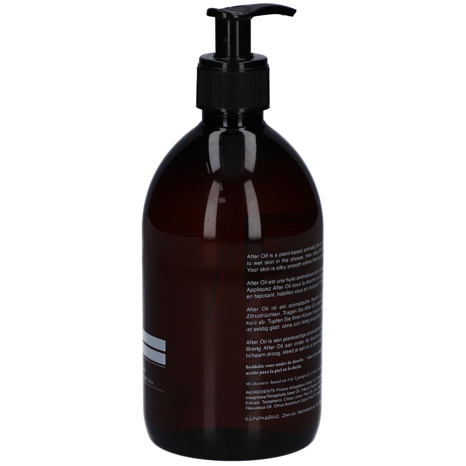 Braune Flasche mit schwarzem Pumpverschluss. Aufschrift: RainPharma, after oil, rinse-off body oil. 500 ml.