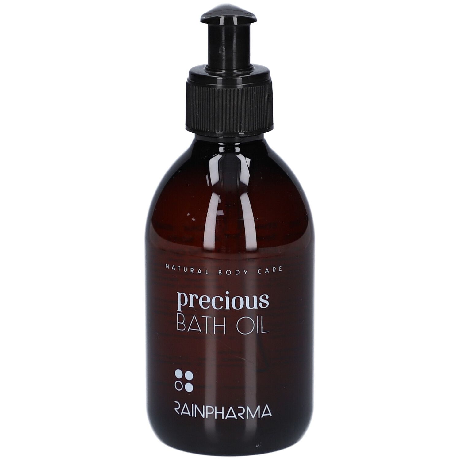 Braune Flasche mit schwarzem Pumpverschluss. Aufschrift: precious BATH OIL, RainPharma. Natürliche Körperpflege.