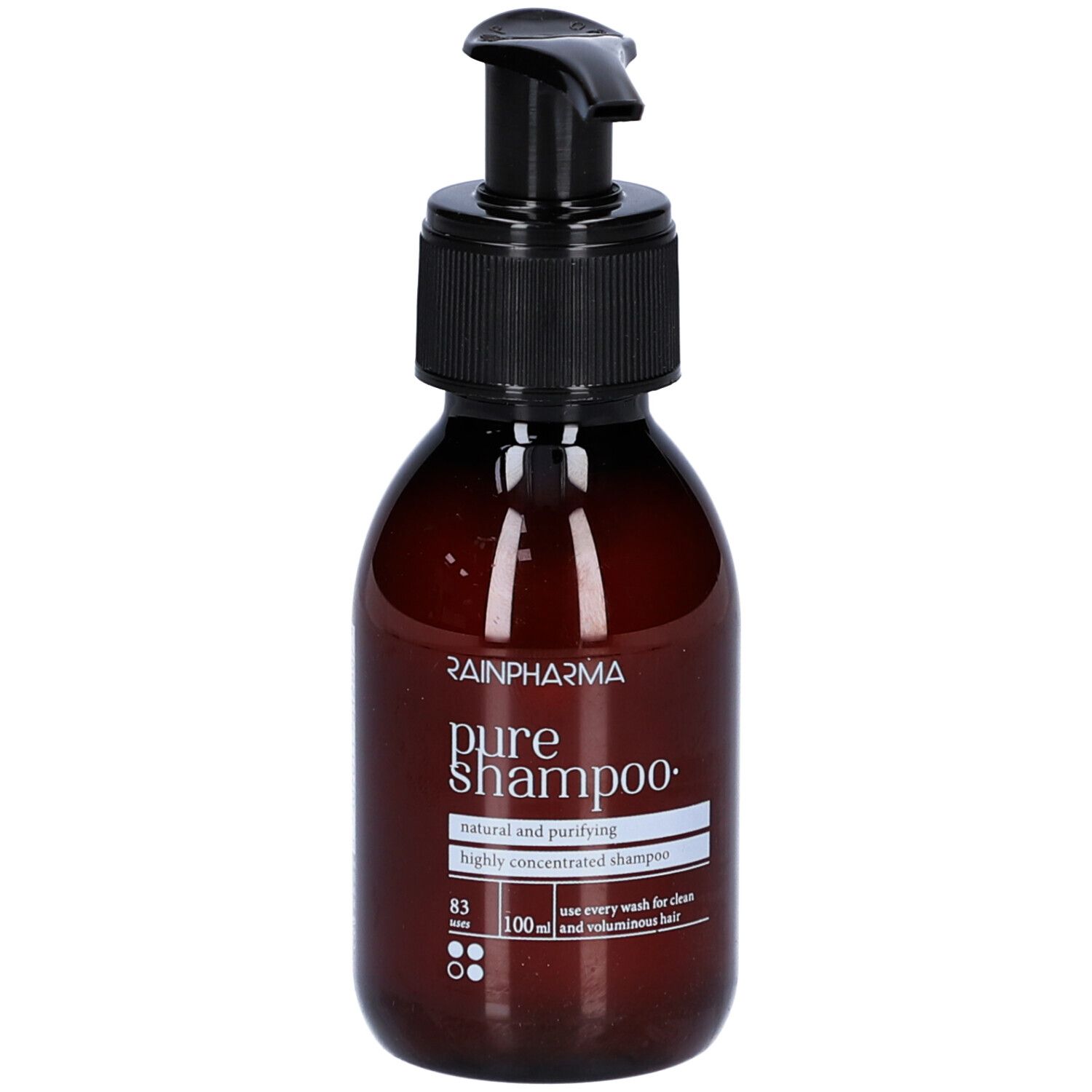 Braune Flasche mit schwarzem Pumpkopf. Aufschrift: Rainpharma, pure shampoo. Etikett mit Produktinformationen.