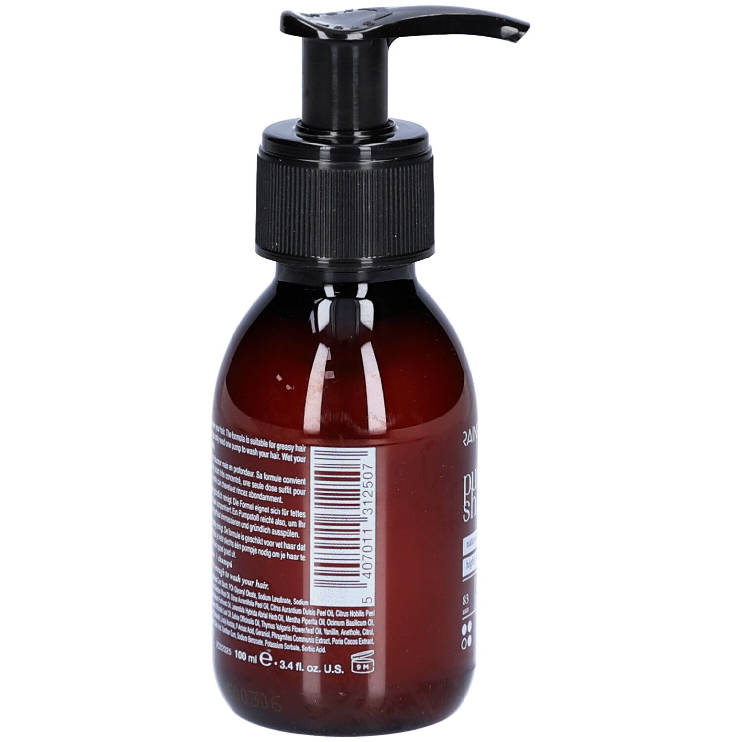 Braune Flasche mit schwarzem Pumpkopf. Aufschrift: Pure Shampoo. Etikett mit Produktinformationen und Barcode.