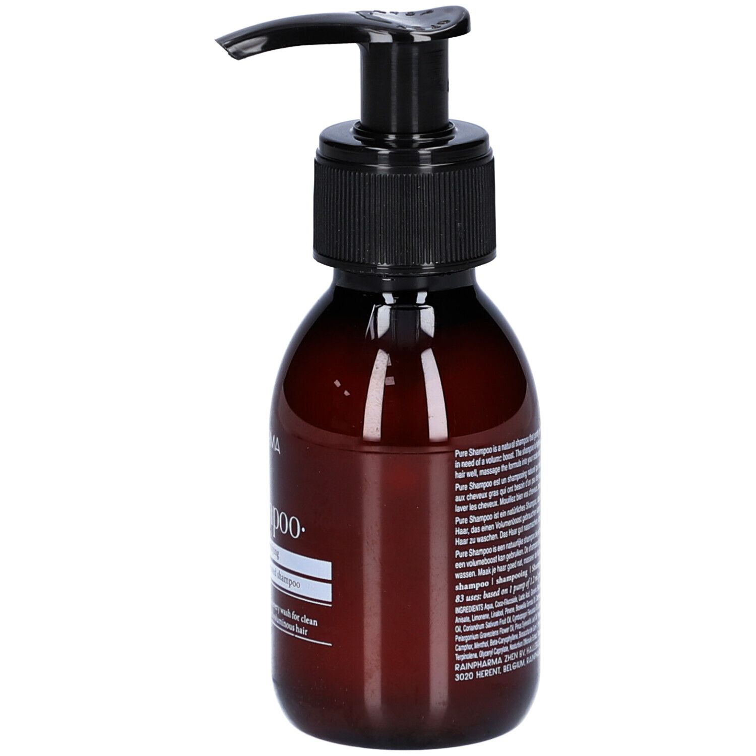 Braune Flasche mit schwarzem Pumpkopf. Aufschrift: Pure Shampoo. Text in mehreren Sprachen. Etikett mit Produktinformationen.