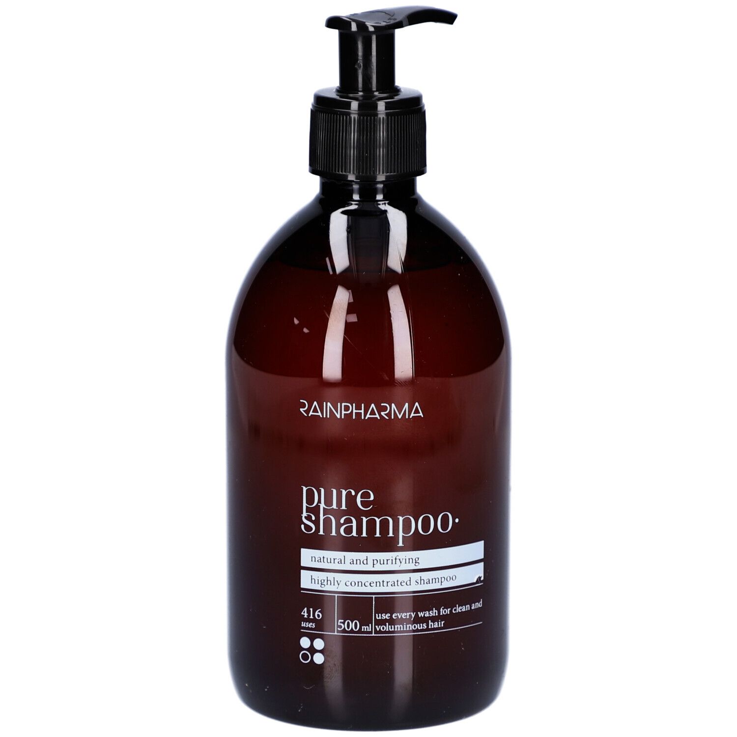 Braune Flasche mit schwarzem Pumpkopf. Aufschrift: RAINPHARMA, pure shampoo, natural and purifying, 416, 500 ml.