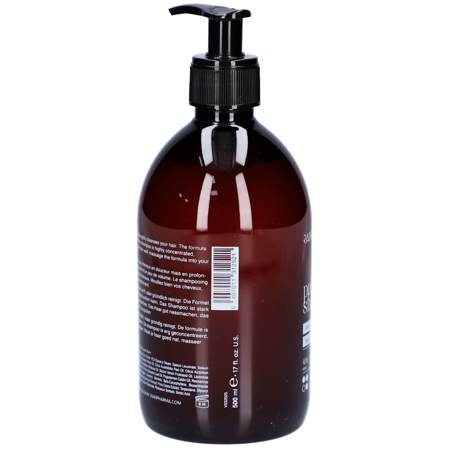 Braune Flasche mit schwarzem Pumpkopf. Aufschrift: 500 ml, 17 fl. oz. U.S. Produktbeschreibung auf der Rückseite.