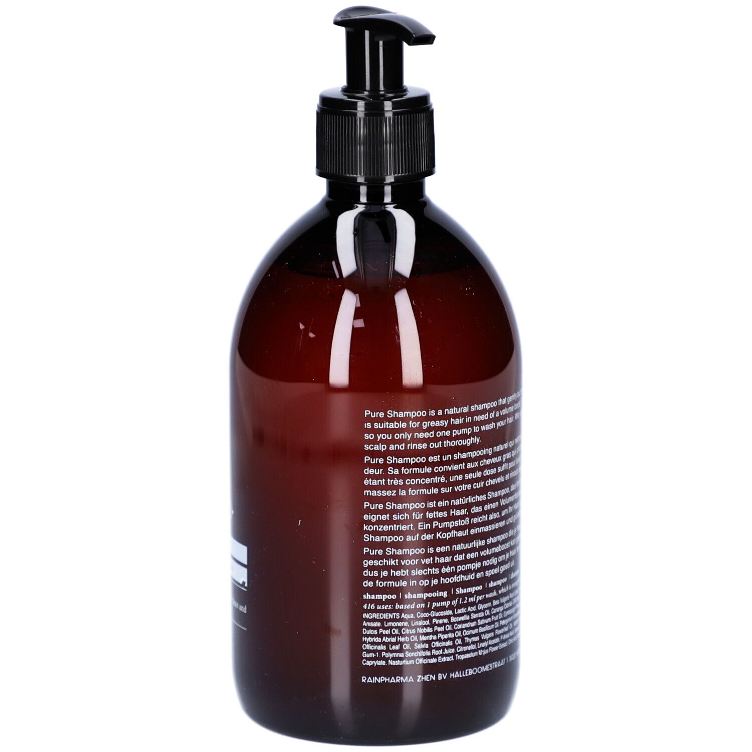 Braune Flasche mit schwarzem Pumpkopf. Produktbeschreibung auf der Rückseite. Aufschrift: Pure Shampoo.
