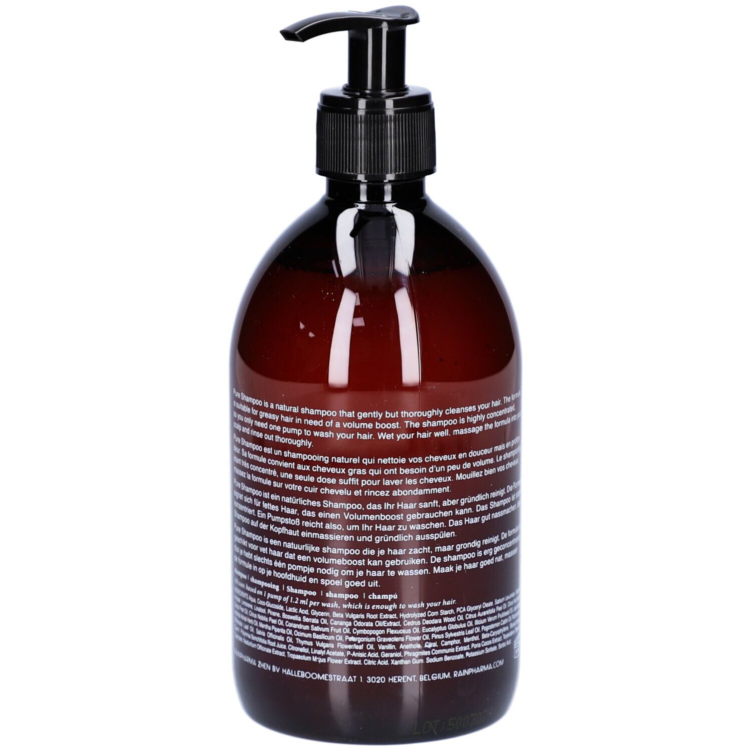 Braune Flasche mit schwarzem Pumpkopf. Produktbeschreibung auf der Rückseite. Aufschrift: Pure Shampoo.