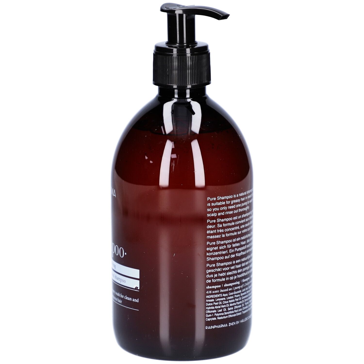 Braune Flasche mit schwarzem Pumpkopf. Text: Pure Shampoo, 416, 500 ml. Produktbeschreibung auf der Rückseite.