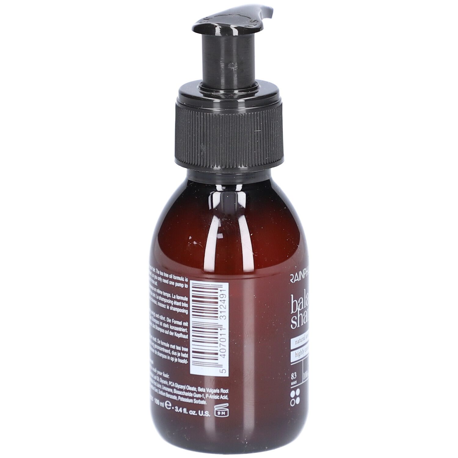 Braune Flasche mit schwarzem Pumpkopf. Auf der Rückseite Text und Barcode. Produktname: Rainpharma balancing shampoo.