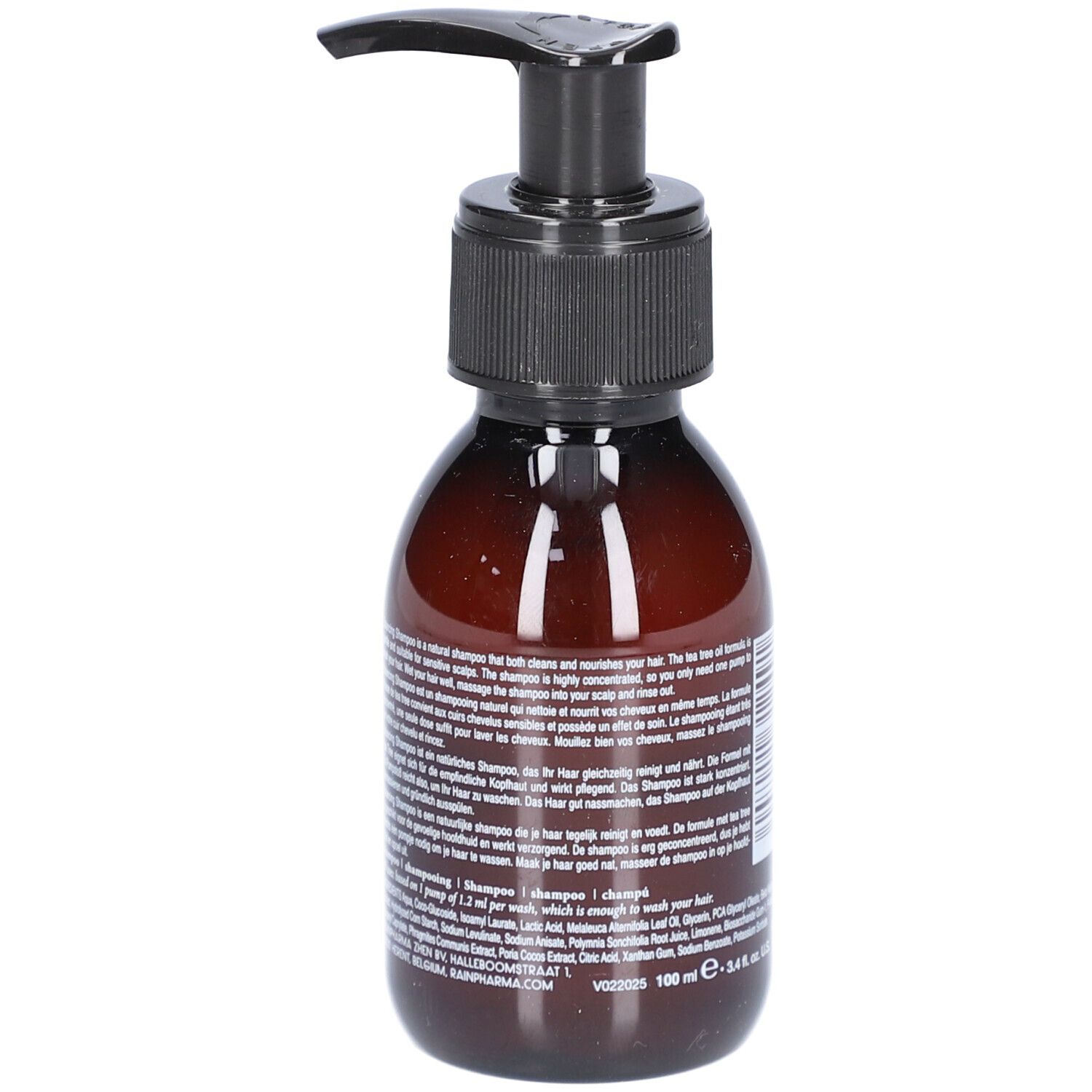 Braune Flasche mit schwarzem Pumpkopf. Rückseite mit Text. Produktname: Rainpharma balancing shampoo.