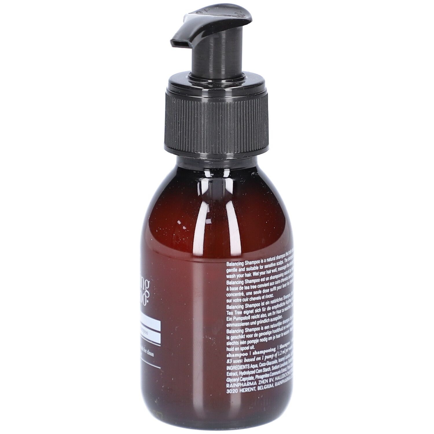 Braune Flasche mit schwarzem Pumpkopf. Auf der Seite Text. Produktname: Rainpharma balancing shampoo.