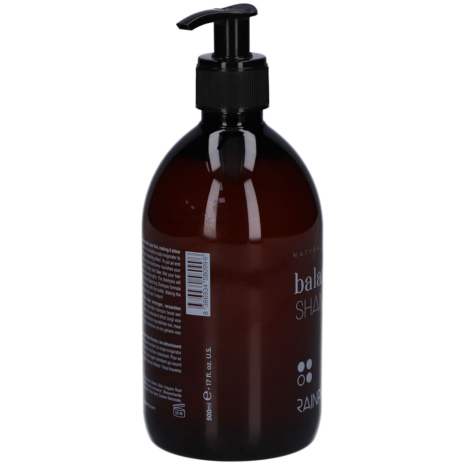 Braune Flasche mit schwarzem Pumpverschluss. Auf der Rückseite Text und Barcode. 500ml, 17 fl. oz. U.S.