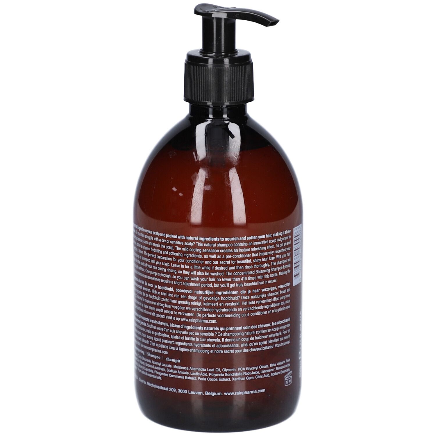 Braune Flasche mit schwarzem Pumpverschluss. Rückseite mit Text. Produktinformationen und Inhaltsstoffe.