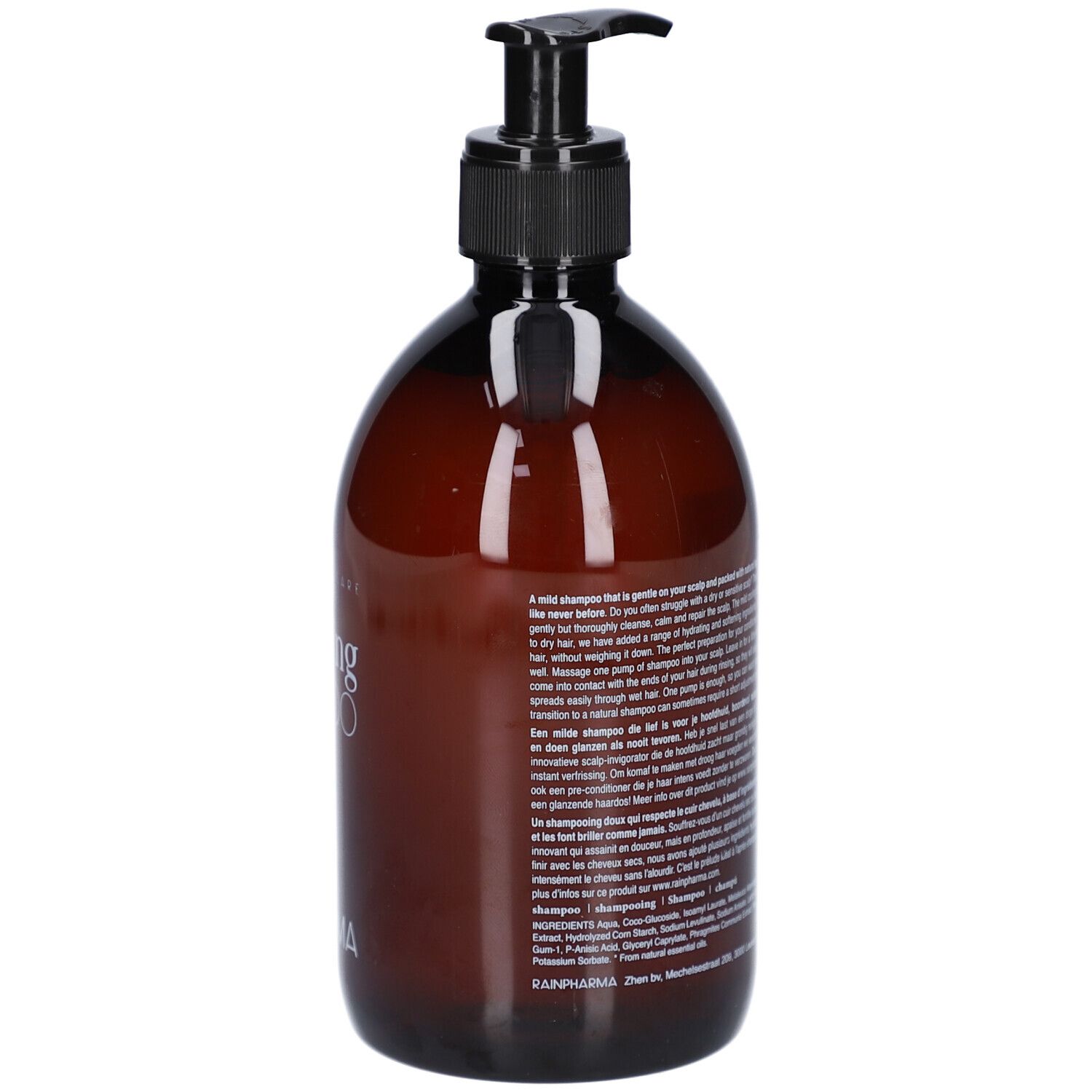 Braune Flasche mit schwarzem Pumpverschluss. Text auf der Rückseite. Produktinformationen und Inhaltsstoffe.