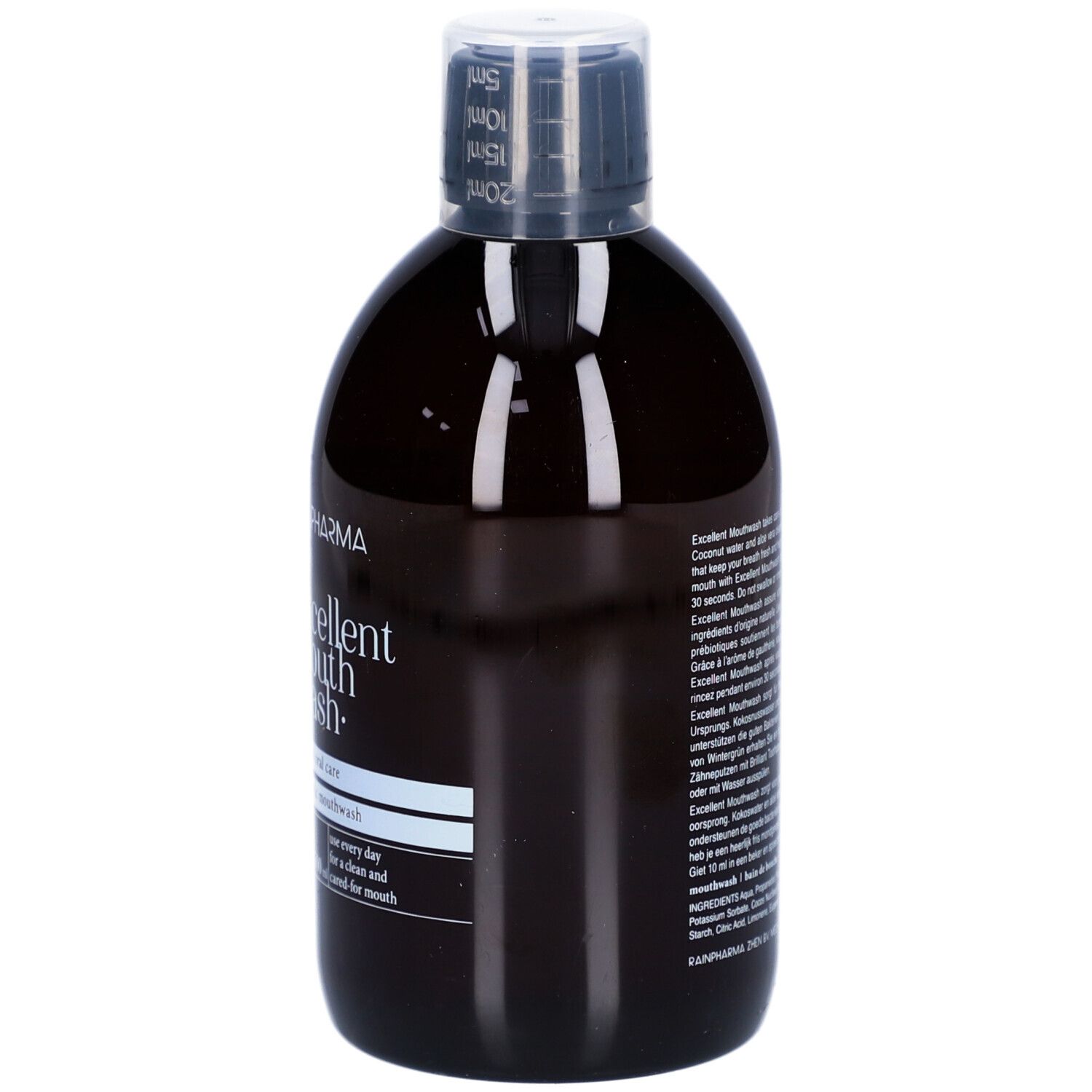Braune Flasche Rainpharma Excellent Mouthwash. Schwarzer Deckel. Etikett mit Produktinformationen.