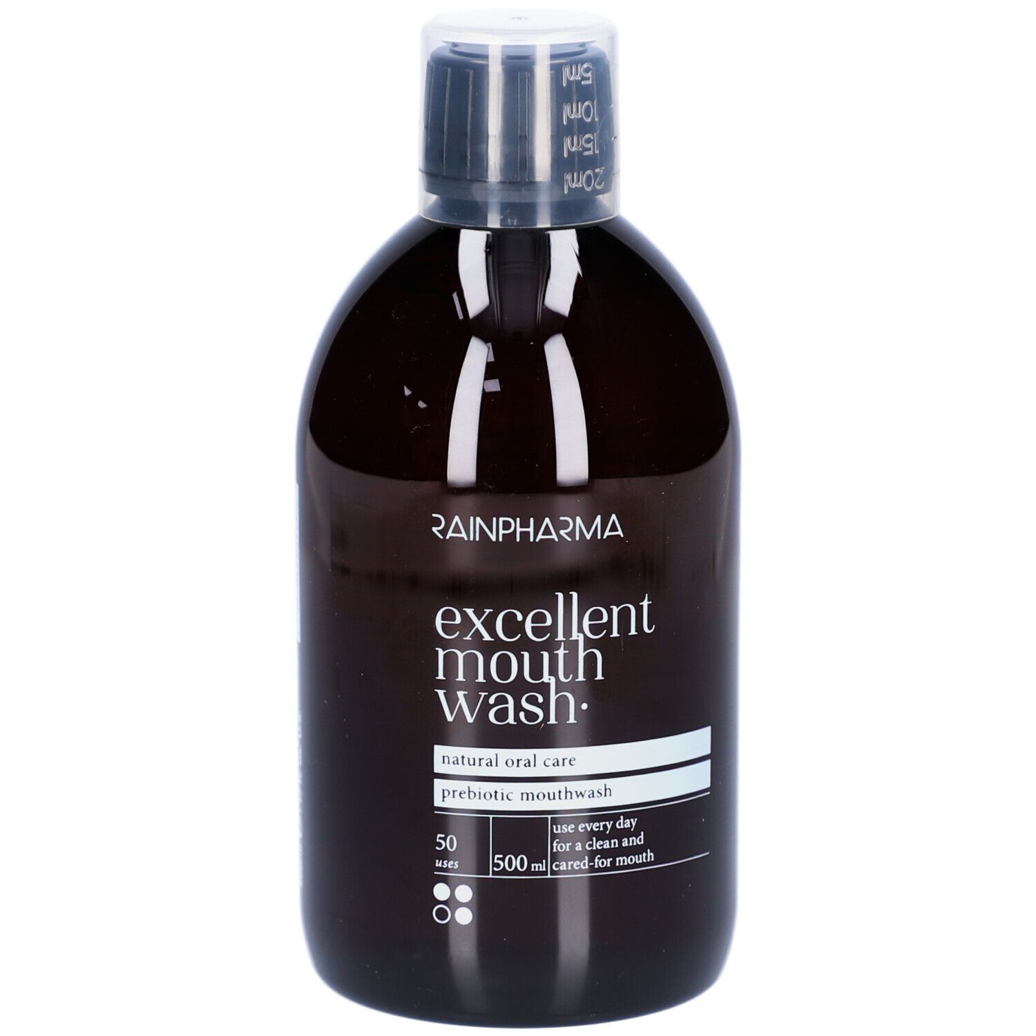 Braune Flasche Rainpharma Excellent Mouthwash. Schwarzer Deckel. Etikett mit Produktinformationen.