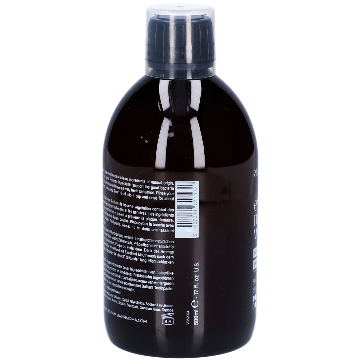 Braune Flasche Rainpharma Excellent Mouthwash. Schwarzer Deckel. Etikett mit Text und Barcode.
