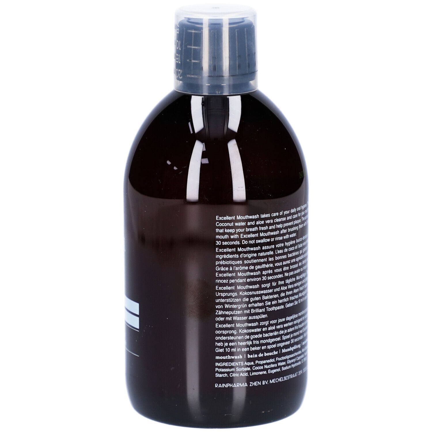 Braune Flasche Rainpharma Excellent Mouthwash. Schwarzer Deckel. Etikett mit Inhaltsstoffen.
