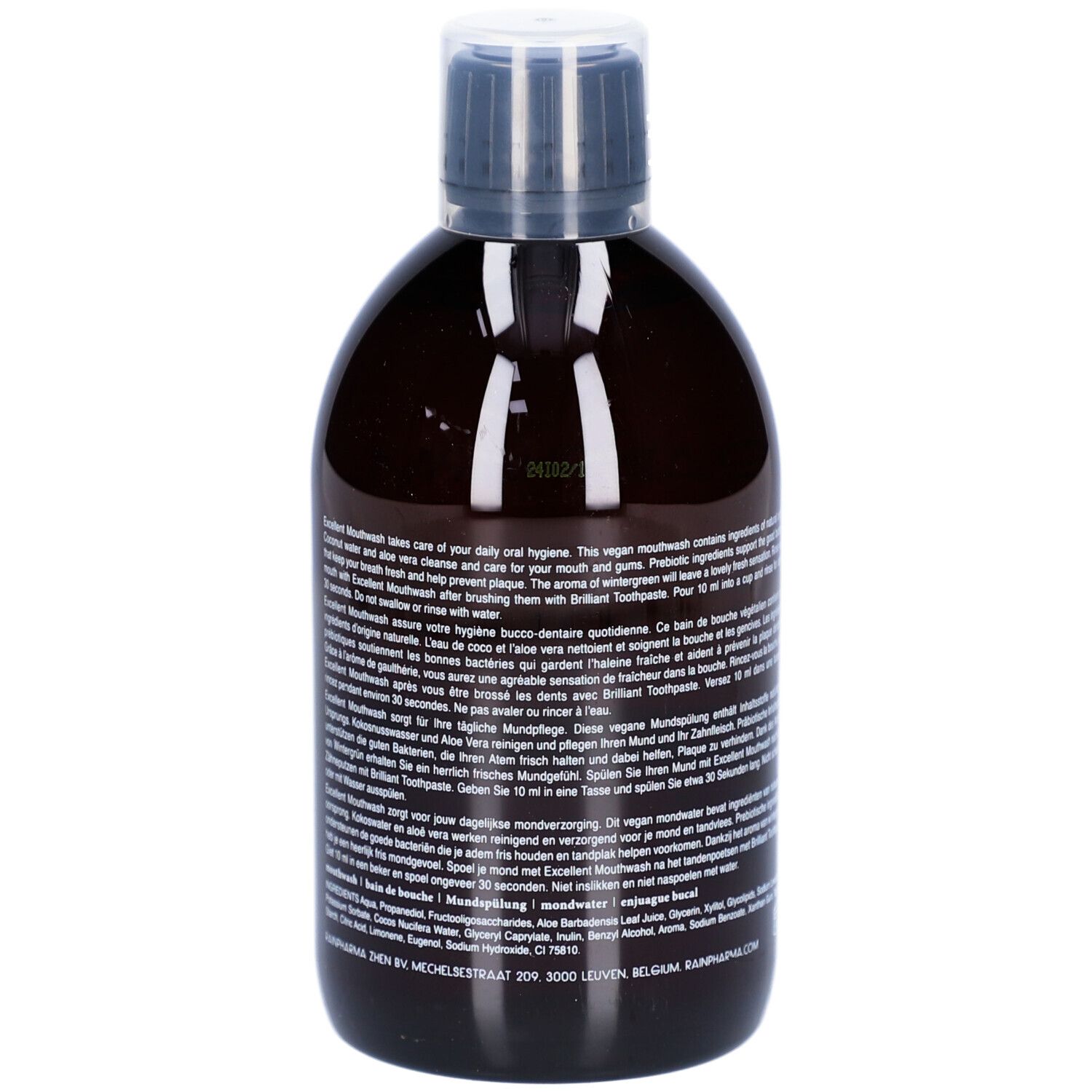 Braune Flasche Rainpharma Excellent Mouthwash. Schwarzer Deckel. Etikett mit Text und Inhaltsstoffen.