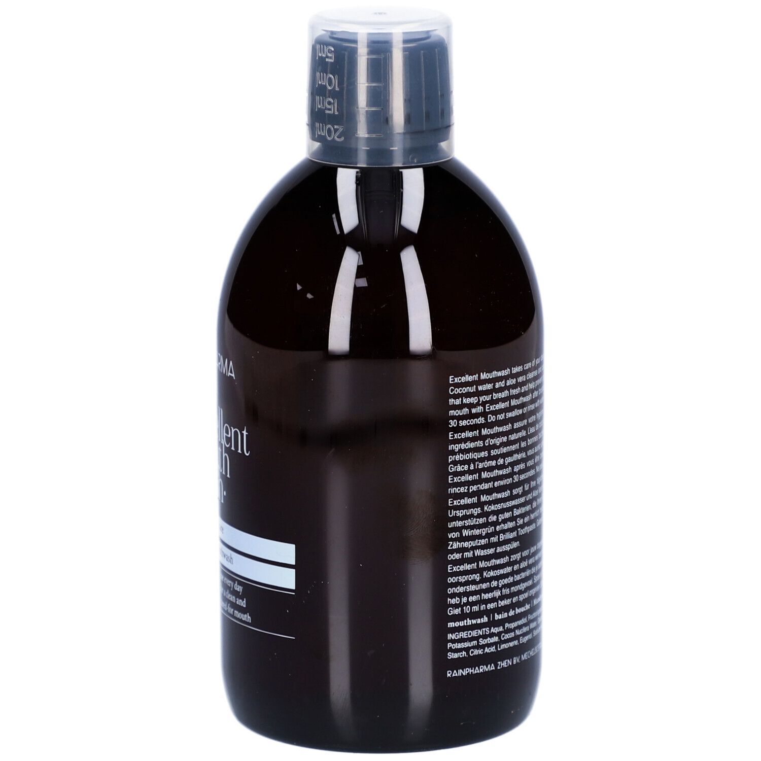 Braune Flasche mit Rainpharma Excellent Mouthwash. Schwarzer Deckel mit Messskala. Text auf Etikett.