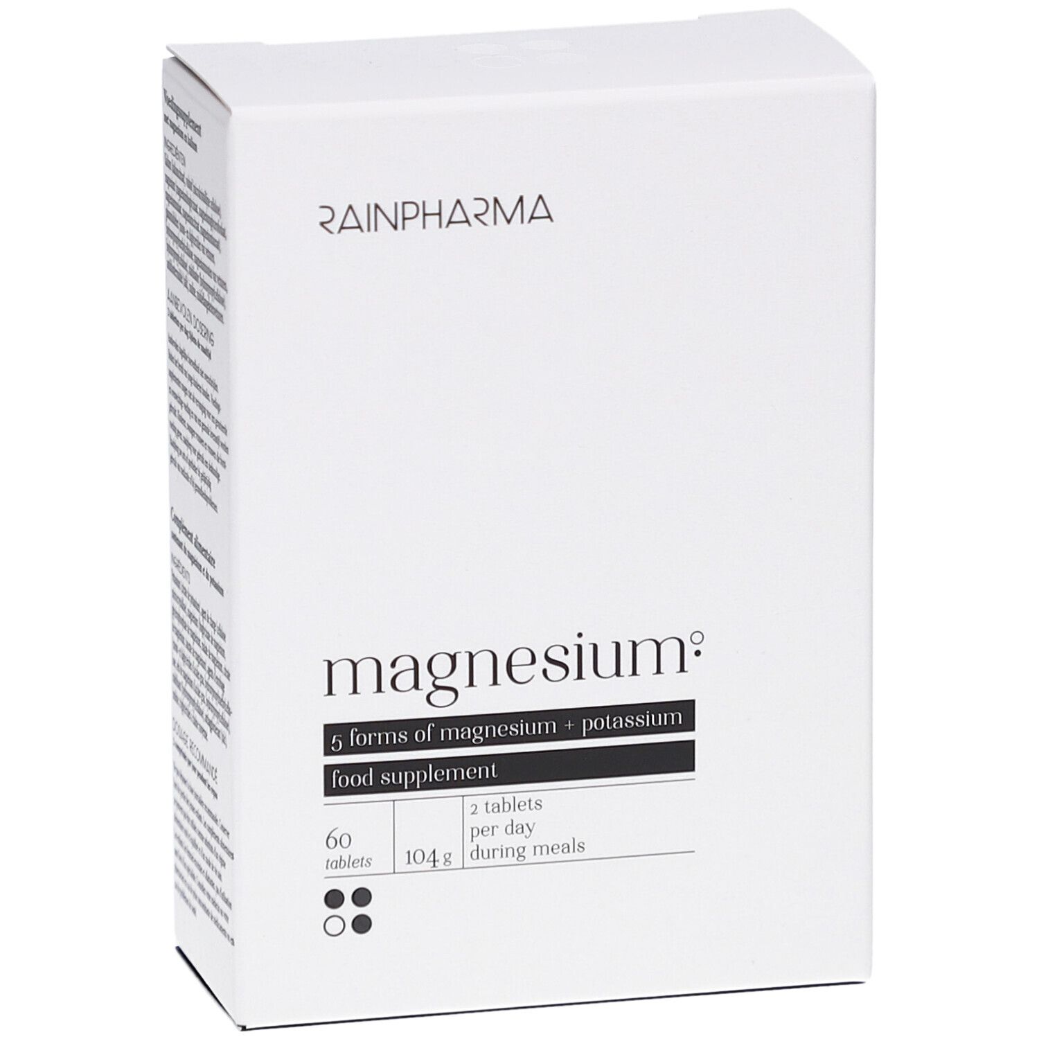 Weiße RainPharma-Verpackung mit Magnesium-Produkt. Enthält 60 Tabletten. Aufschrift: 5 Formen von Magnesium + Kalium.