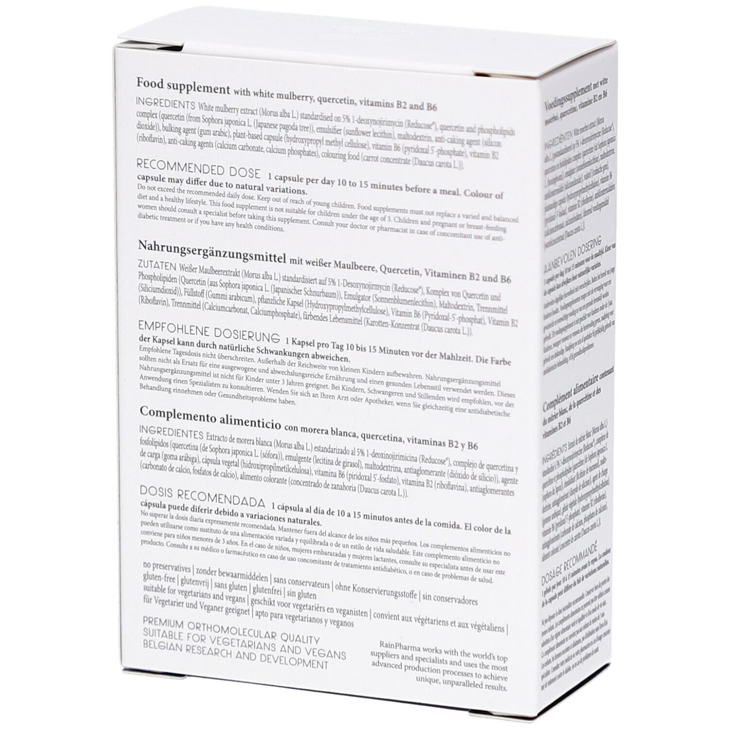 Rückseite einer weißen Schachtel mit Text in mehreren Sprachen. Enthält Informationen zu Inhaltsstoffen und Dosierung.