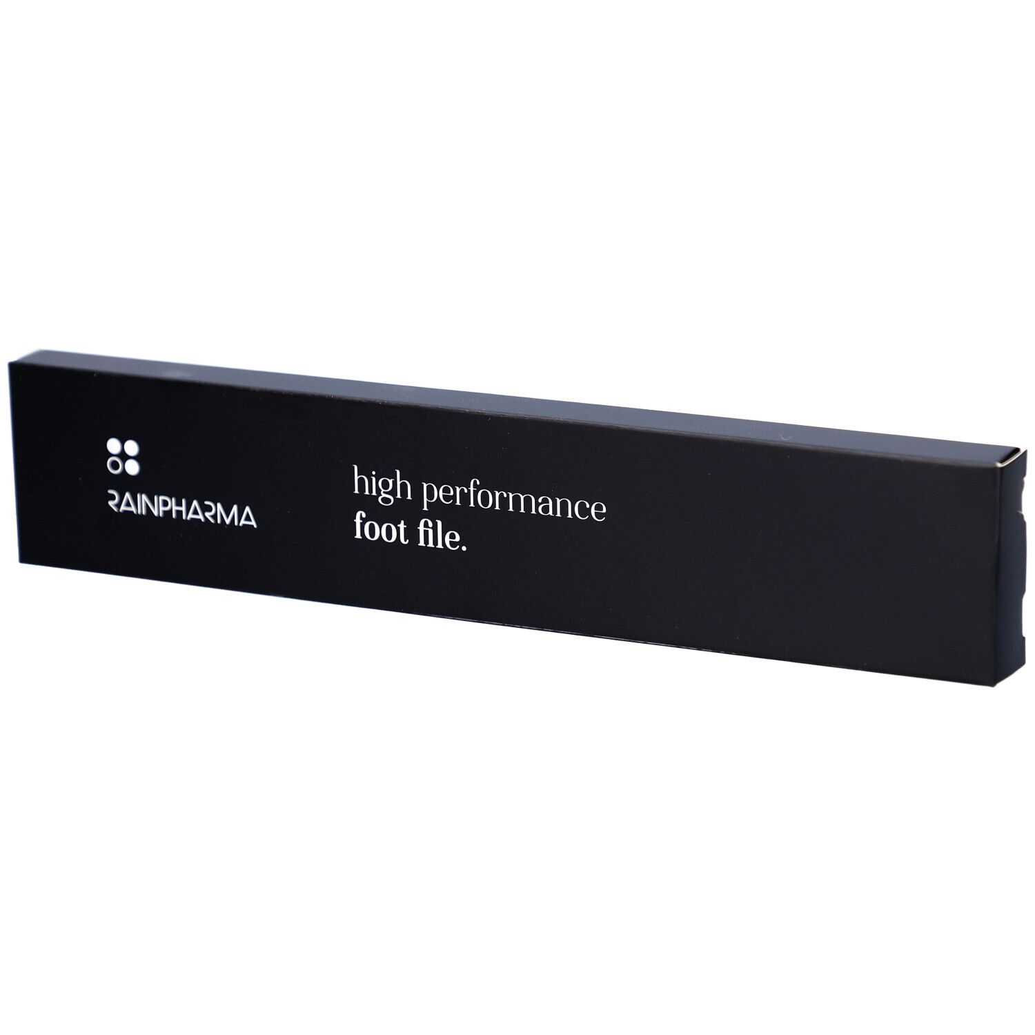 Schwarze Verpackung mit weißem Schriftzug. Aufschrift: Rainpharma, high performance foot file.