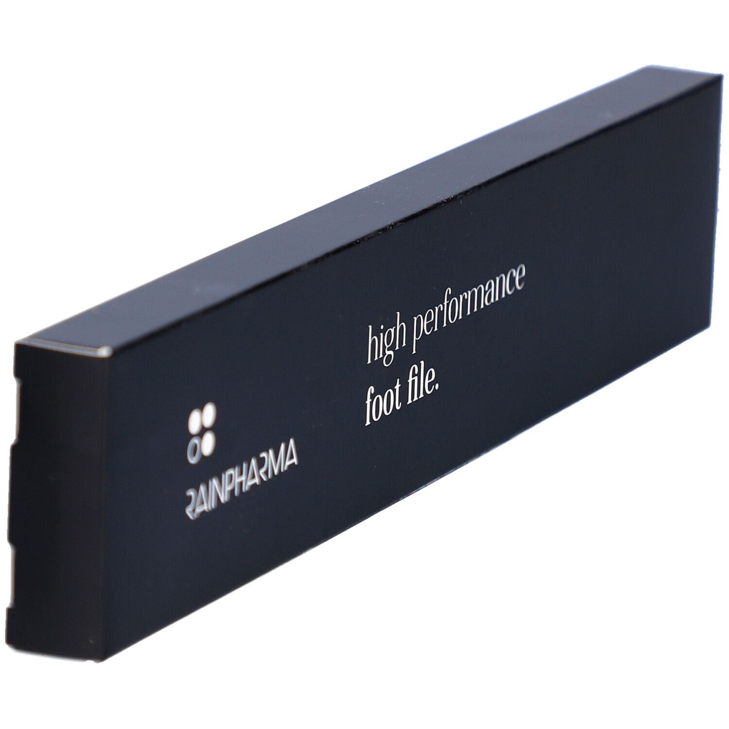 Schwarze Verpackung mit weißem Schriftzug. Aufschrift: Rainpharma, high performance foot file. Perspektivische Ansicht.