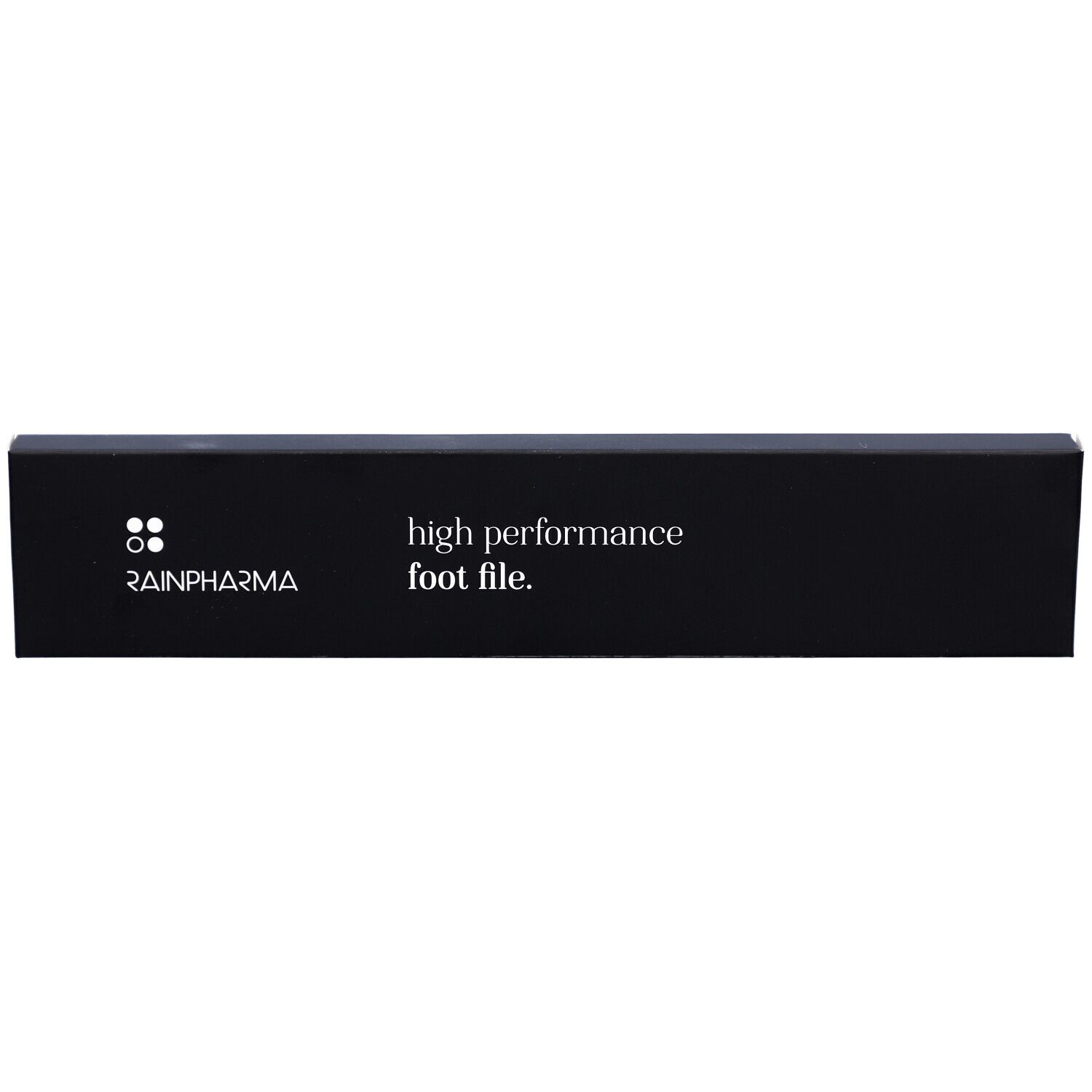 Schwarze Verpackung mit weißem Schriftzug. Aufschrift: Rainpharma, high performance foot file.
