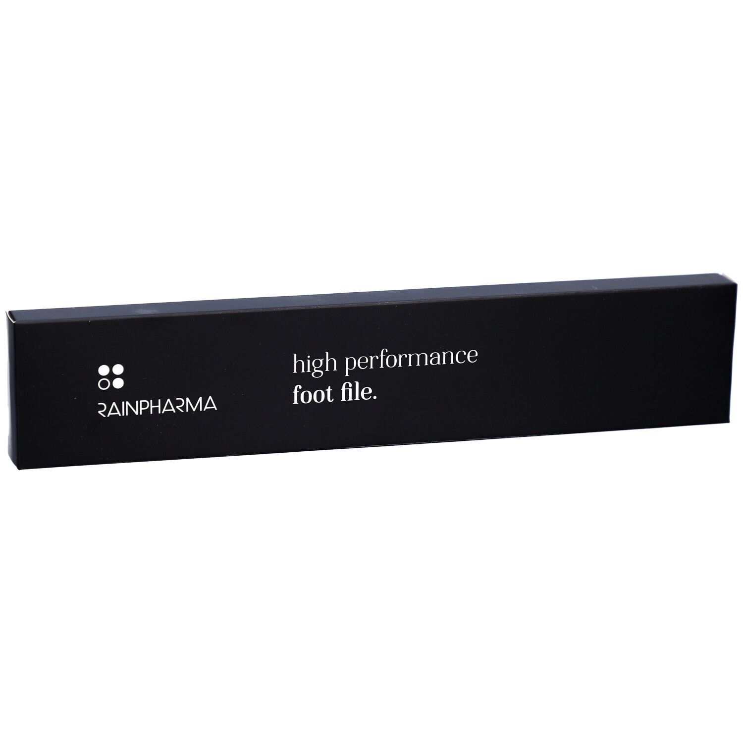 Schwarze Verpackung mit weißem Schriftzug. Aufschrift: Rainpharma, high performance foot file.